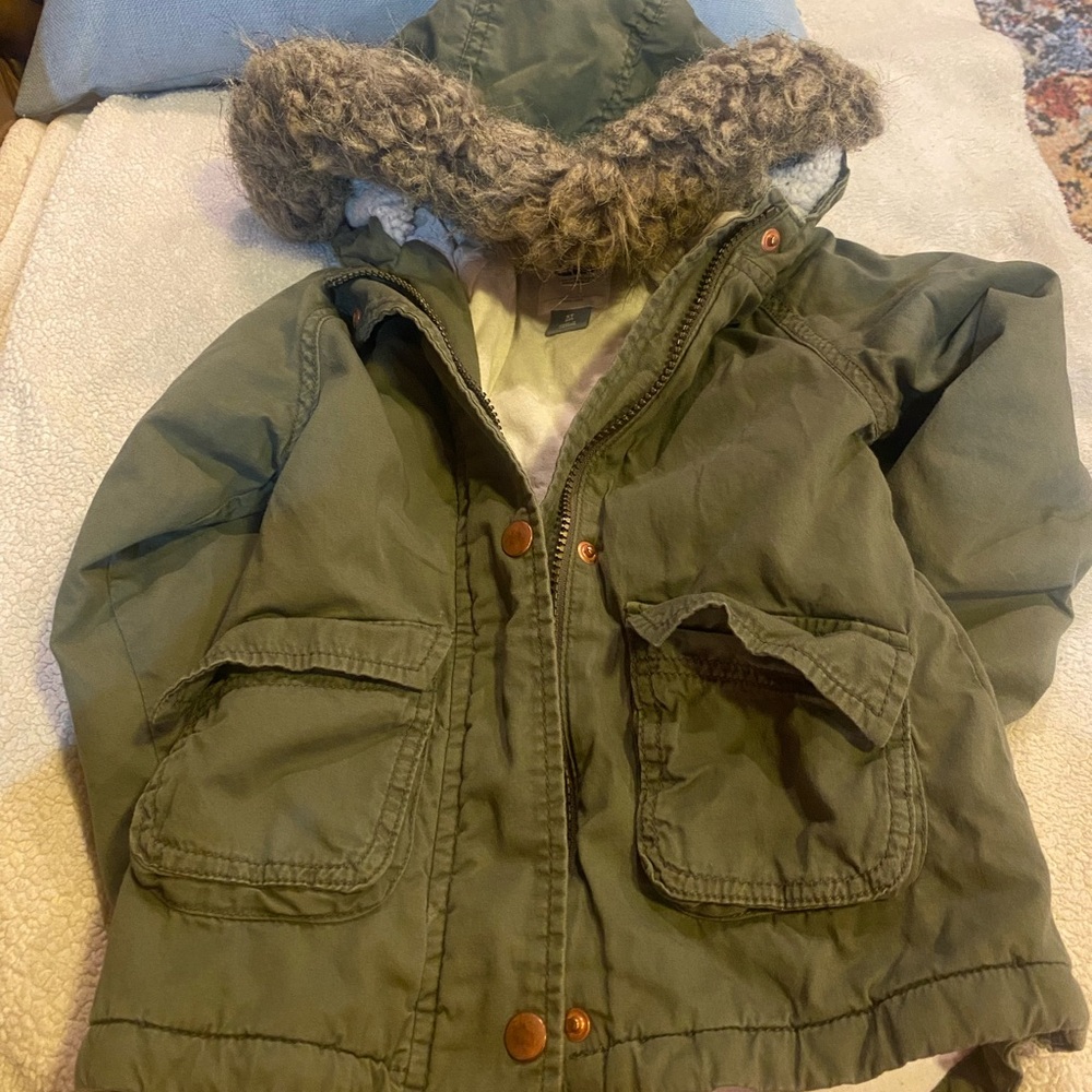 GAP Olive Hooded Puffer with Faux Fur Trim
